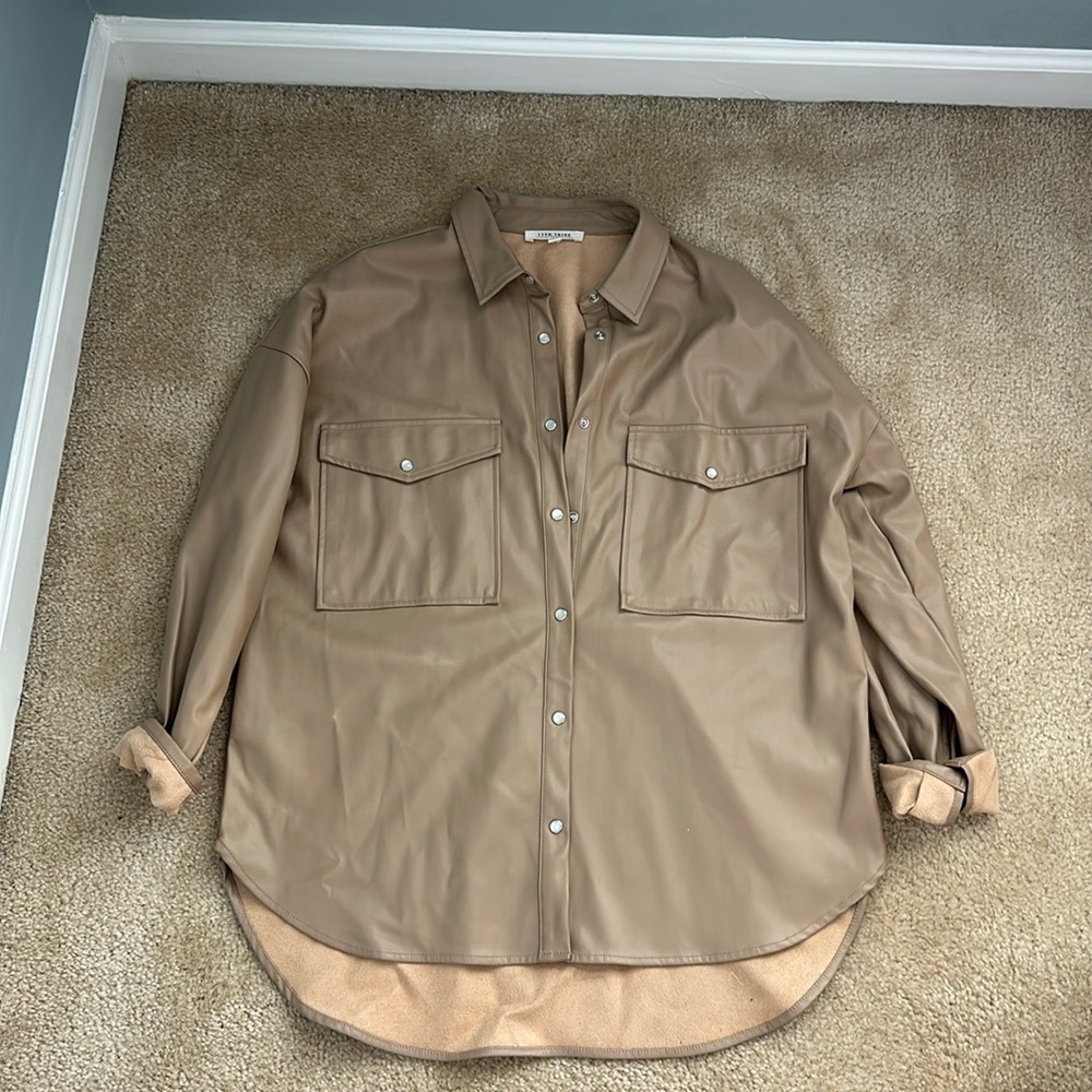 12th Tribe Tan Leather Button Down Shacket